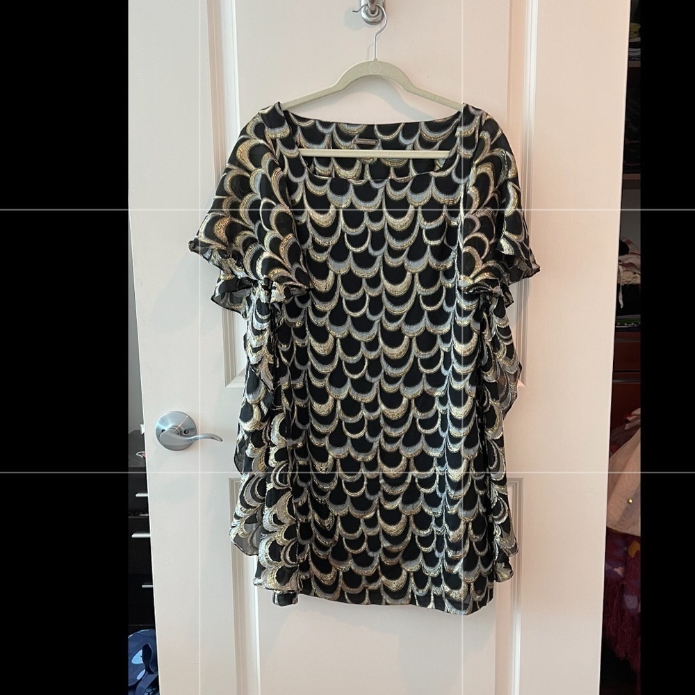 Loeffler Randall black and gold cape dress